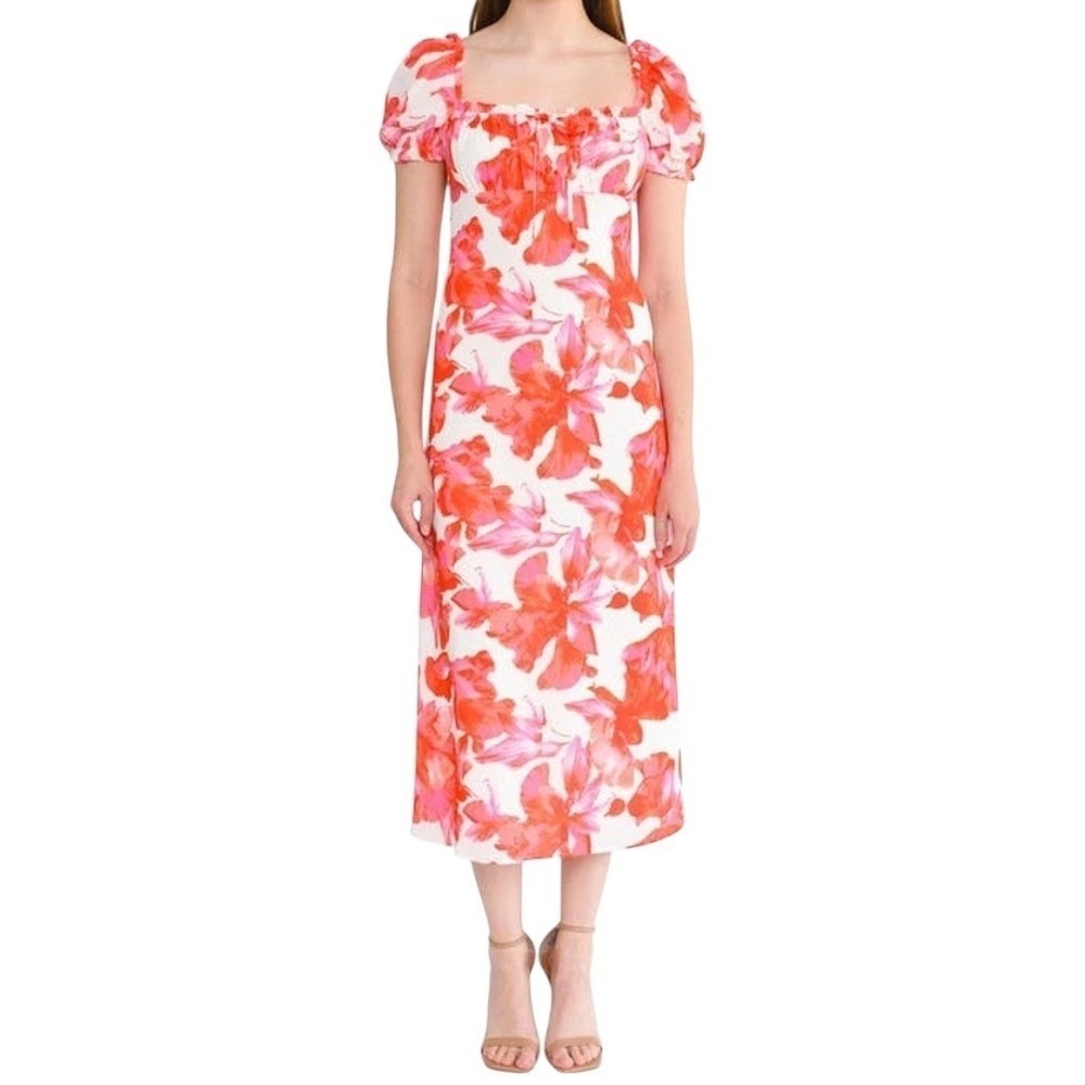 WAYF Felicity Floral Pink Midi Dress in Coral Pink Hibiscus, Small